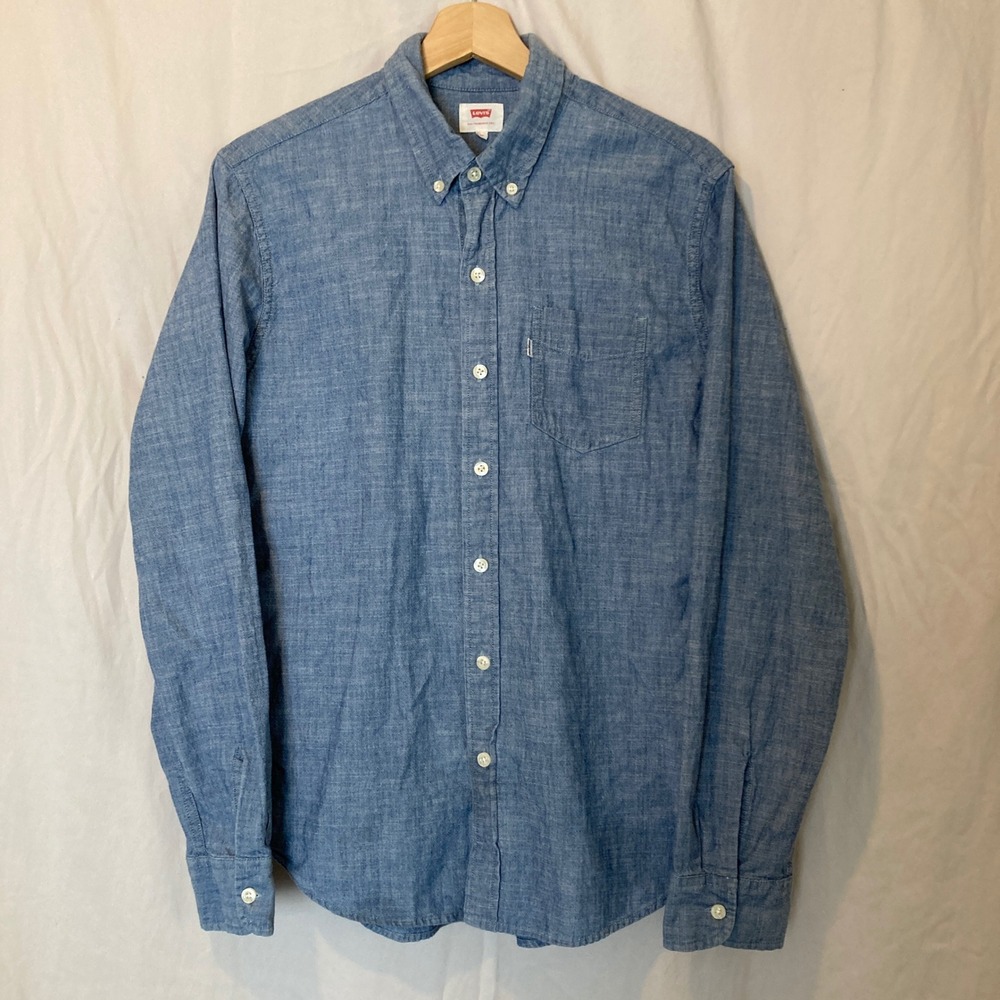 Levis Mens Blue Chambray Long Sleeve Button Down Shirt Size M Pocket White Tab